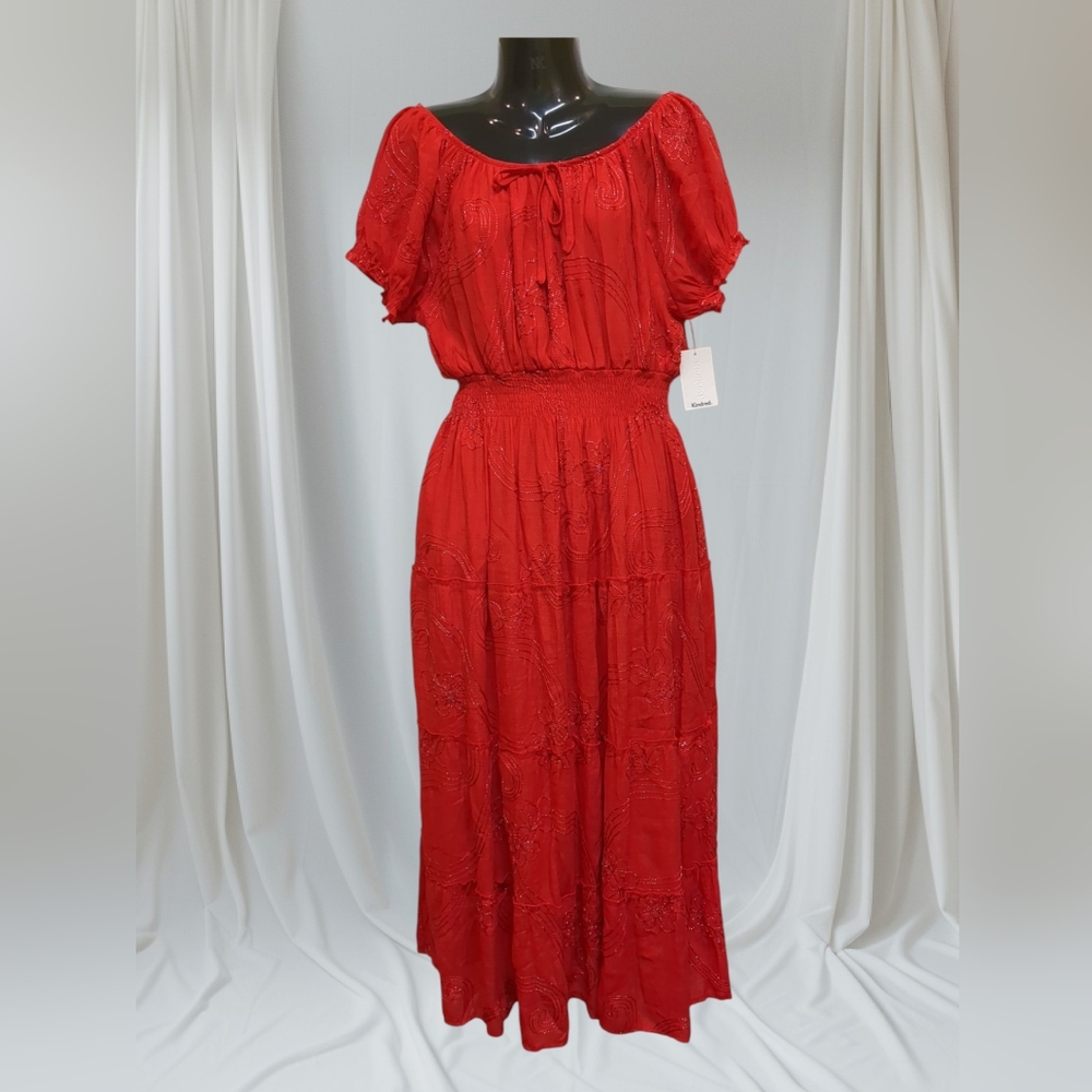 0330 NWT Anthropologie Kindred Red Off-Shoulder Midi Dress with Puff Sleeves